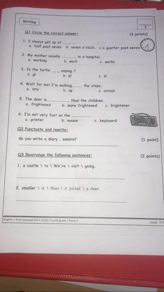 Mjk4OTI5MQ19193 صور امتحان نهائي لمادة اللغة الانجليزية للصف الرابع الفصل الاول 2019 نموذج A وكالة